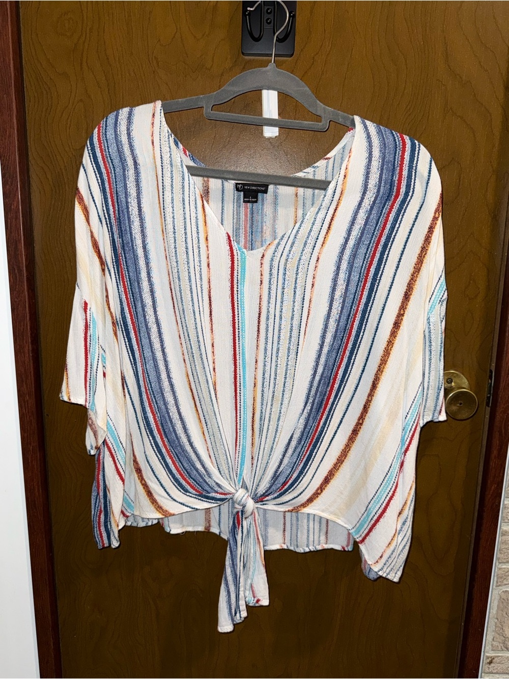 new directions Striped Tie-Front V-Neck Tunic - Blue, Red, Tan, Cream